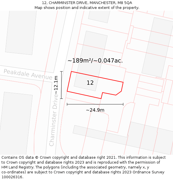 12, CHARMINSTER DRIVE, MANCHESTER, M8 5QA: Plot and title map