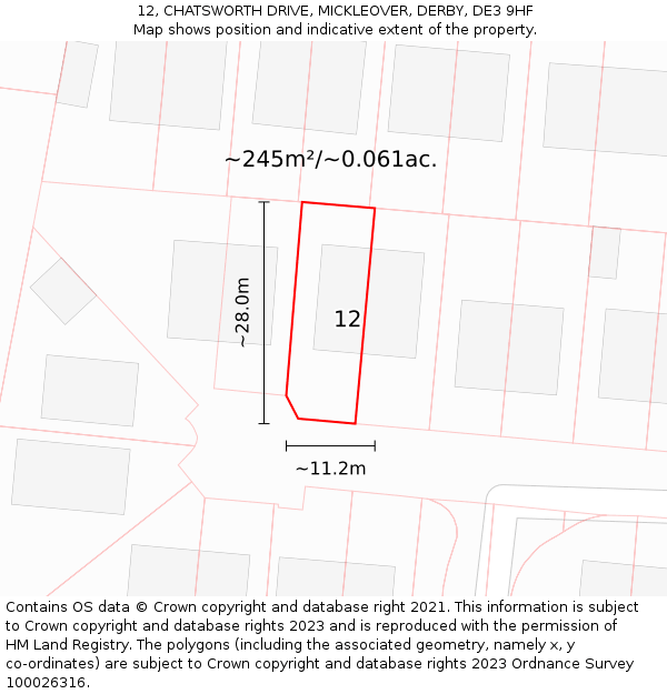 12, CHATSWORTH DRIVE, MICKLEOVER, DERBY, DE3 9HF: Plot and title map