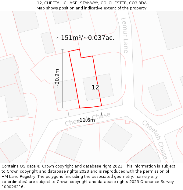 12, CHEETAH CHASE, STANWAY, COLCHESTER, CO3 8DA: Plot and title map