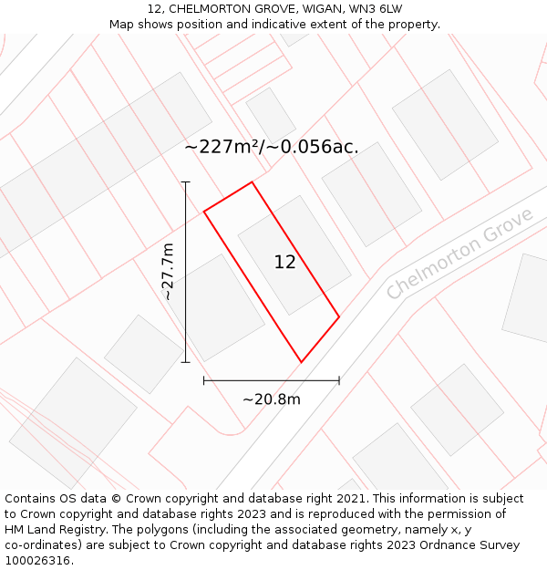 12, CHELMORTON GROVE, WIGAN, WN3 6LW: Plot and title map