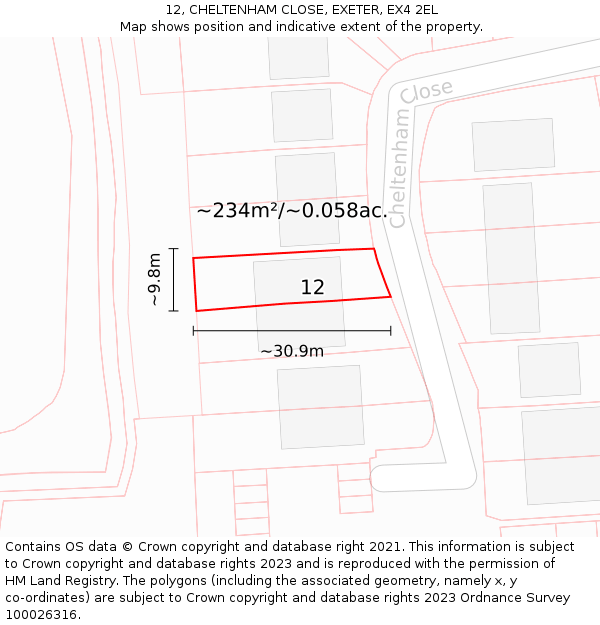 12, CHELTENHAM CLOSE, EXETER, EX4 2EL: Plot and title map