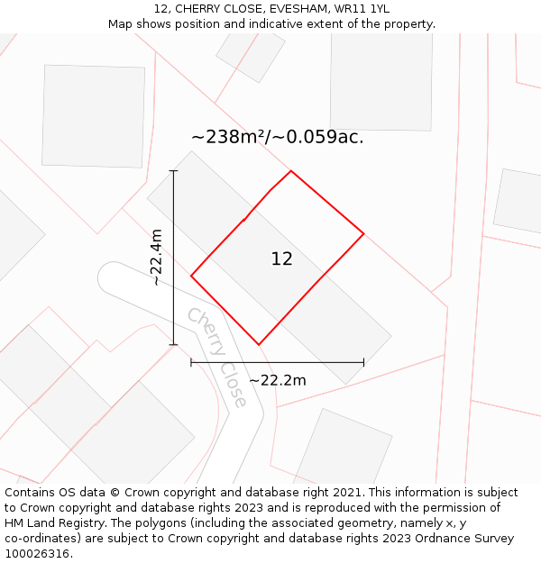 12, CHERRY CLOSE, EVESHAM, WR11 1YL: Plot and title map