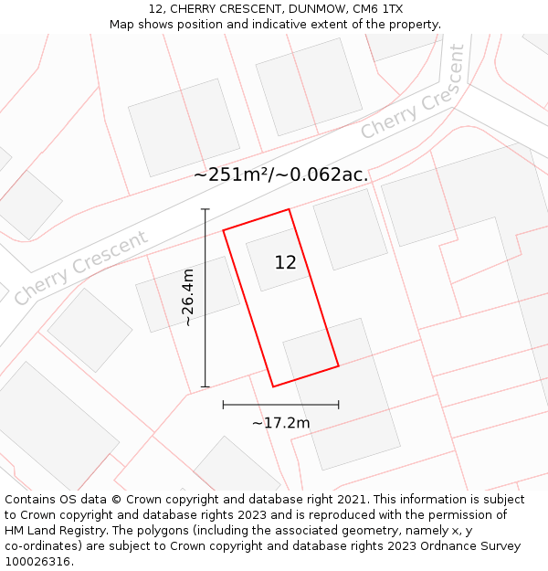 12, CHERRY CRESCENT, DUNMOW, CM6 1TX: Plot and title map