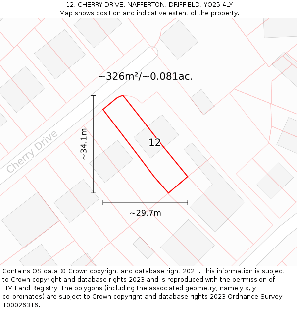12, CHERRY DRIVE, NAFFERTON, DRIFFIELD, YO25 4LY: Plot and title map