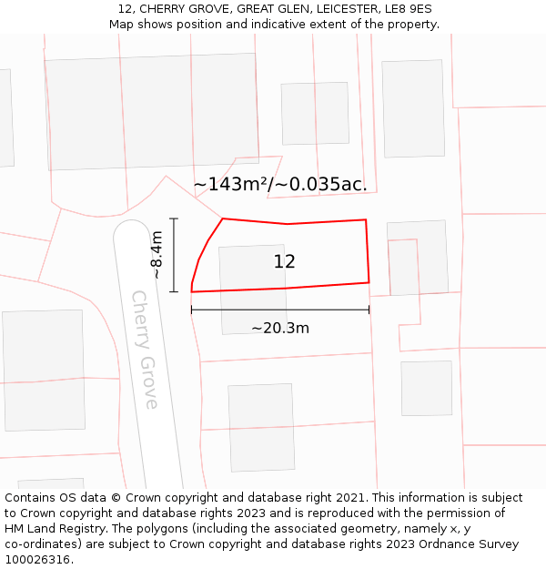 12, CHERRY GROVE, GREAT GLEN, LEICESTER, LE8 9ES: Plot and title map