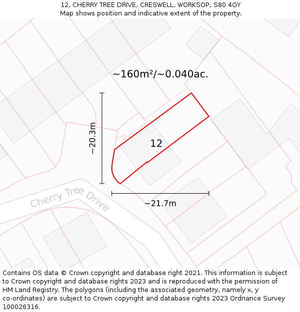 12, CHERRY TREE DRIVE, CRESWELL, WORKSOP, S80 4GY: Plot and title map