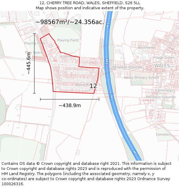 12, CHERRY TREE ROAD, WALES, SHEFFIELD, S26 5LL: Plot and title map