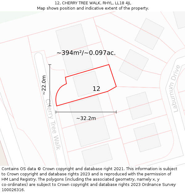 12, CHERRY TREE WALK, RHYL, LL18 4JL: Plot and title map
