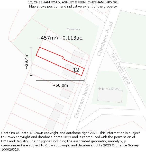 12, CHESHAM ROAD, ASHLEY GREEN, CHESHAM, HP5 3PL: Plot and title map
