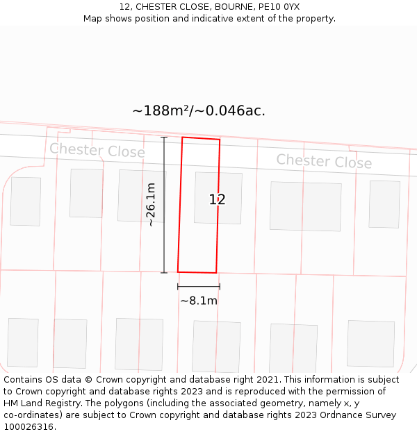 12, CHESTER CLOSE, BOURNE, PE10 0YX: Plot and title map