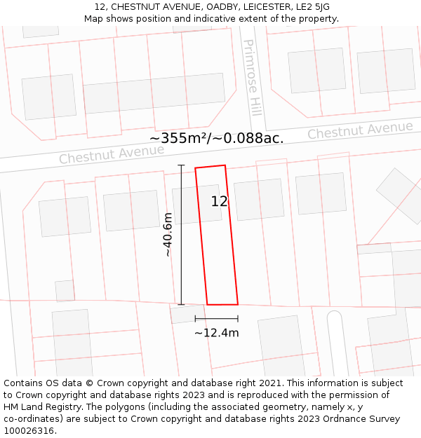 12, CHESTNUT AVENUE, OADBY, LEICESTER, LE2 5JG: Plot and title map