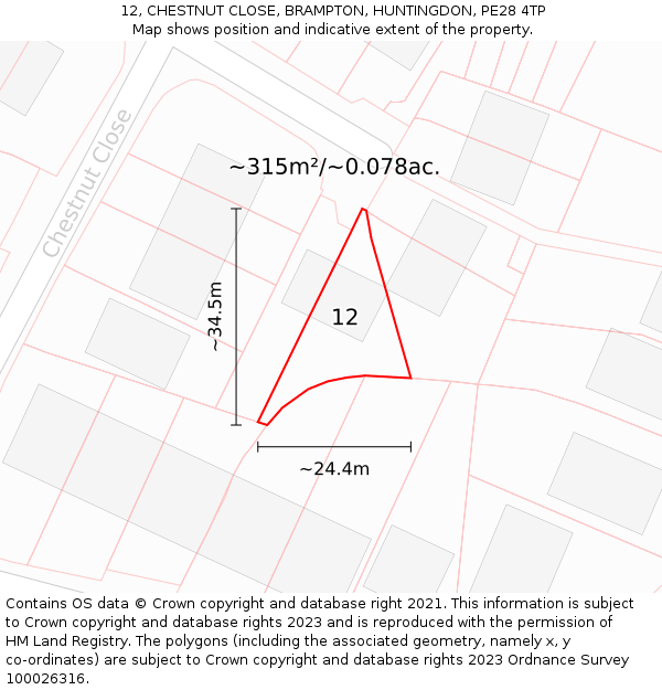 12, CHESTNUT CLOSE, BRAMPTON, HUNTINGDON, PE28 4TP: Plot and title map