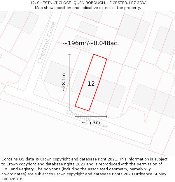 12, CHESTNUT CLOSE, QUENIBOROUGH, LEICESTER, LE7 3DW: Plot and title map