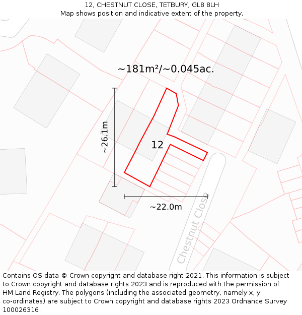 12, CHESTNUT CLOSE, TETBURY, GL8 8LH: Plot and title map