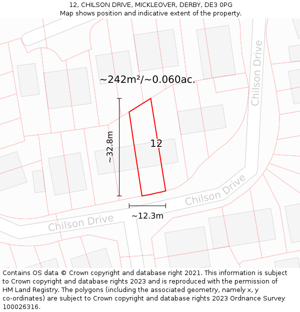 12, CHILSON DRIVE, MICKLEOVER, DERBY, DE3 0PG: Plot and title map