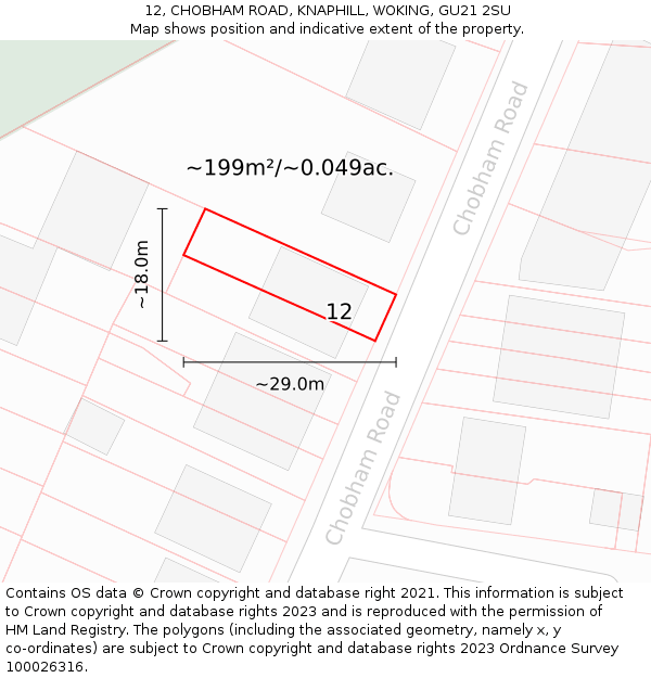 12, CHOBHAM ROAD, KNAPHILL, WOKING, GU21 2SU: Plot and title map