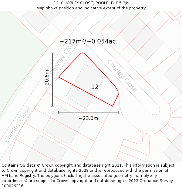 12, CHORLEY CLOSE, POOLE, BH15 3JN: Plot and title map
