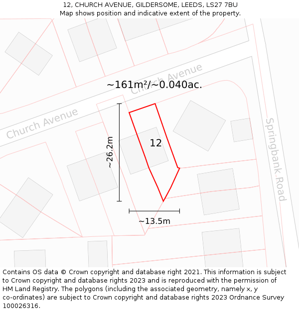 12, CHURCH AVENUE, GILDERSOME, LEEDS, LS27 7BU: Plot and title map