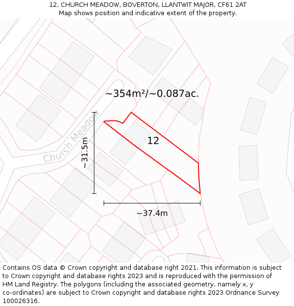 12, CHURCH MEADOW, BOVERTON, LLANTWIT MAJOR, CF61 2AT: Plot and title map