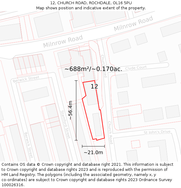 12, CHURCH ROAD, ROCHDALE, OL16 5PU: Plot and title map