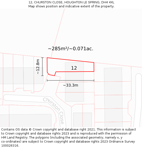 12, CHURSTON CLOSE, HOUGHTON LE SPRING, DH4 4XL: Plot and title map