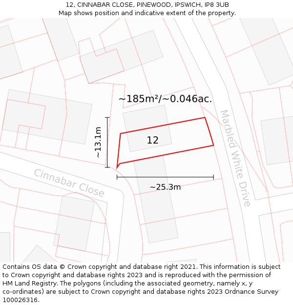 12, CINNABAR CLOSE, PINEWOOD, IPSWICH, IP8 3UB: Plot and title map
