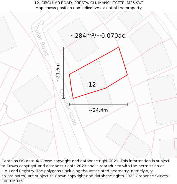 12, CIRCULAR ROAD, PRESTWICH, MANCHESTER, M25 9WF: Plot and title map