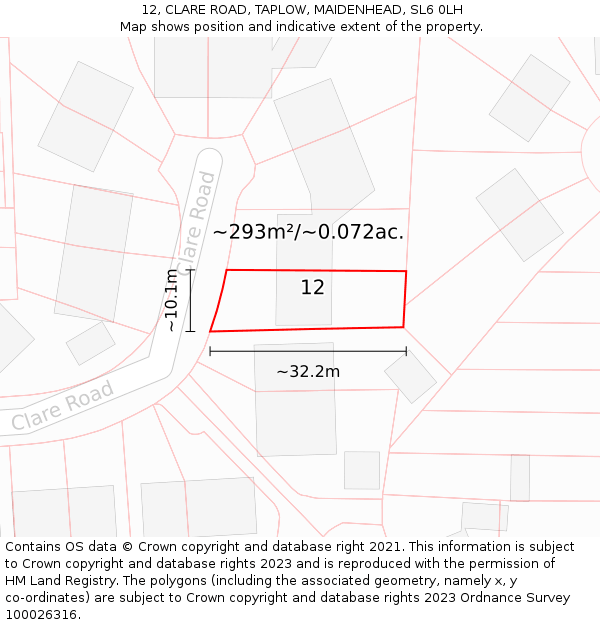 12, CLARE ROAD, TAPLOW, MAIDENHEAD, SL6 0LH: Plot and title map