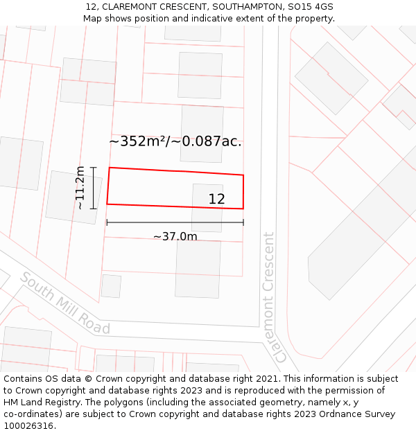 12, CLAREMONT CRESCENT, SOUTHAMPTON, SO15 4GS: Plot and title map