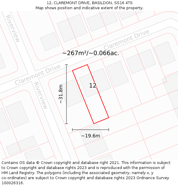12, CLAREMONT DRIVE, BASILDON, SS16 4TS: Plot and title map