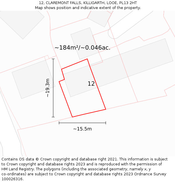 12, CLAREMONT FALLS, KILLIGARTH, LOOE, PL13 2HT: Plot and title map