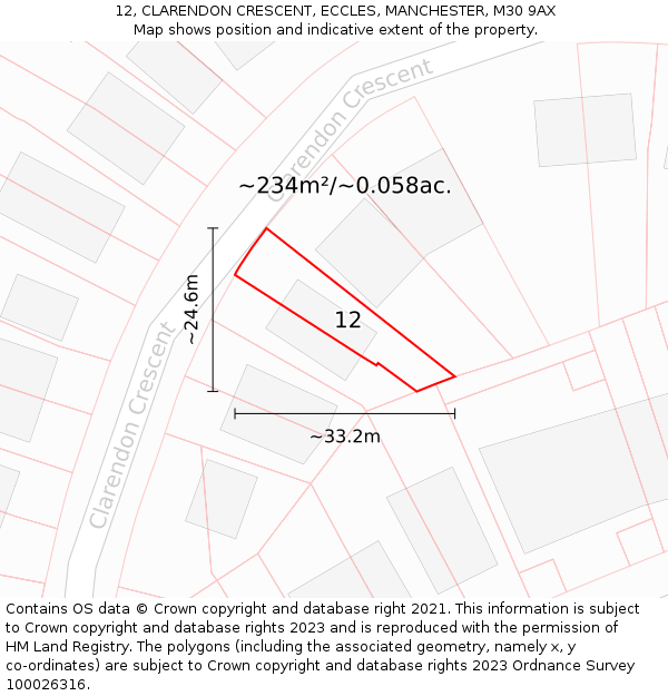 12, CLARENDON CRESCENT, ECCLES, MANCHESTER, M30 9AX: Plot and title map