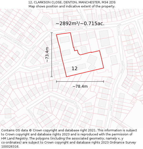 12, CLARKSON CLOSE, DENTON, MANCHESTER, M34 2DS: Plot and title map