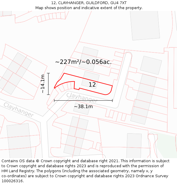 12, CLAYHANGER, GUILDFORD, GU4 7XT: Plot and title map