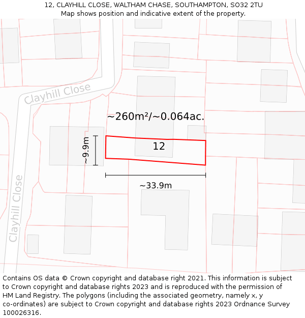 12, CLAYHILL CLOSE, WALTHAM CHASE, SOUTHAMPTON, SO32 2TU: Plot and title map