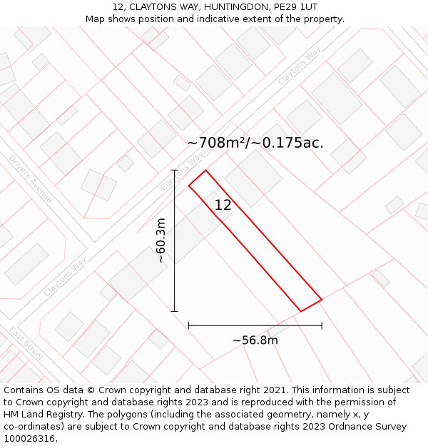 12, CLAYTONS WAY, HUNTINGDON, PE29 1UT: Plot and title map