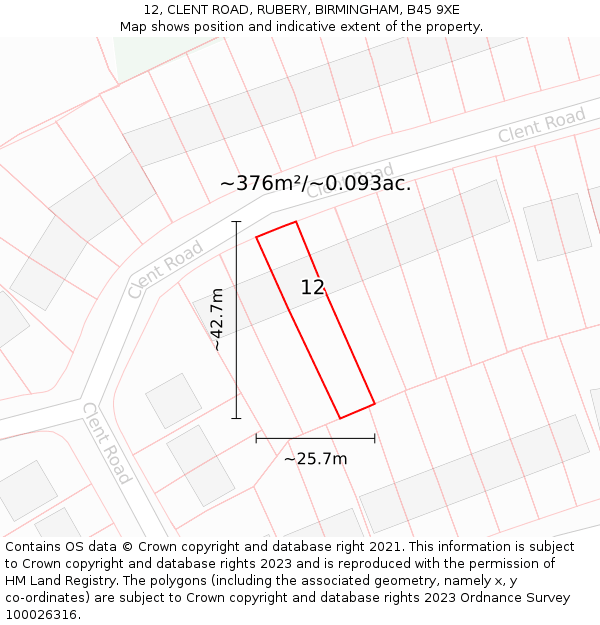 12, CLENT ROAD, RUBERY, BIRMINGHAM, B45 9XE: Plot and title map