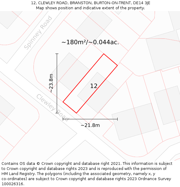 12, CLEWLEY ROAD, BRANSTON, BURTON-ON-TRENT, DE14 3JE: Plot and title map