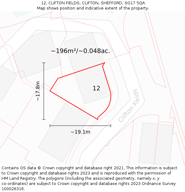 12, CLIFTON FIELDS, CLIFTON, SHEFFORD, SG17 5QA: Plot and title map