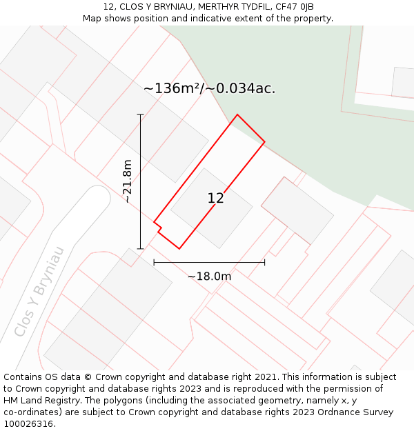 12, CLOS Y BRYNIAU, MERTHYR TYDFIL, CF47 0JB: Plot and title map