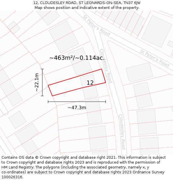 12, CLOUDESLEY ROAD, ST LEONARDS-ON-SEA, TN37 6JW: Plot and title map