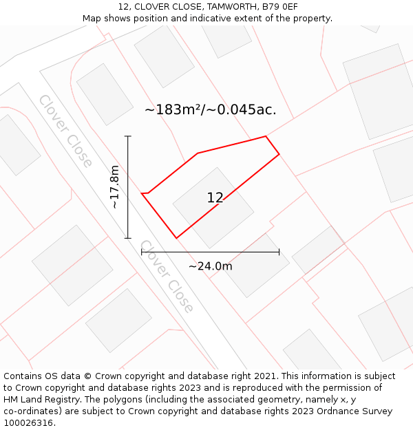 12, CLOVER CLOSE, TAMWORTH, B79 0EF: Plot and title map