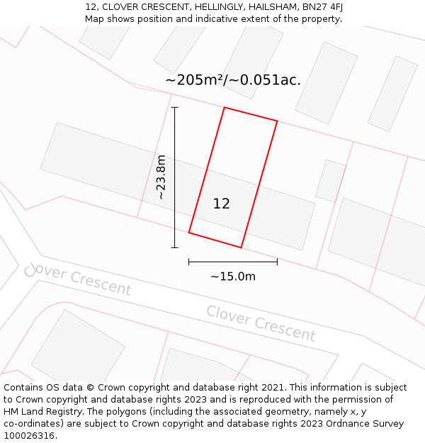 12, CLOVER CRESCENT, HELLINGLY, HAILSHAM, BN27 4FJ: Plot and title map