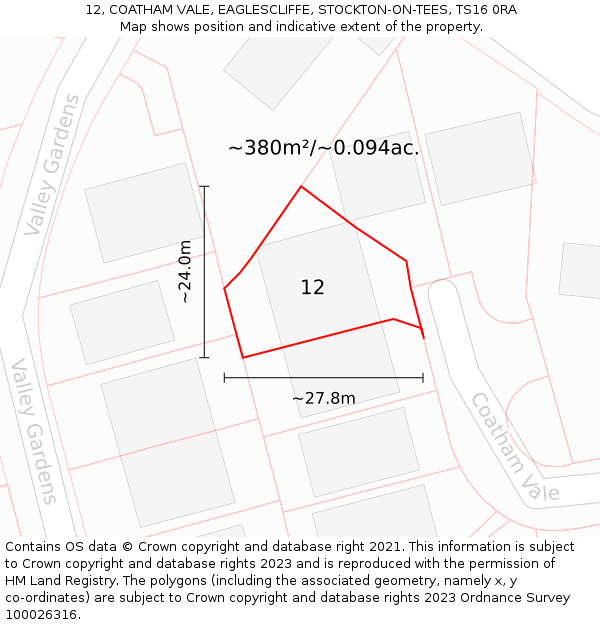 12, COATHAM VALE, EAGLESCLIFFE, STOCKTON-ON-TEES, TS16 0RA: Plot and title map