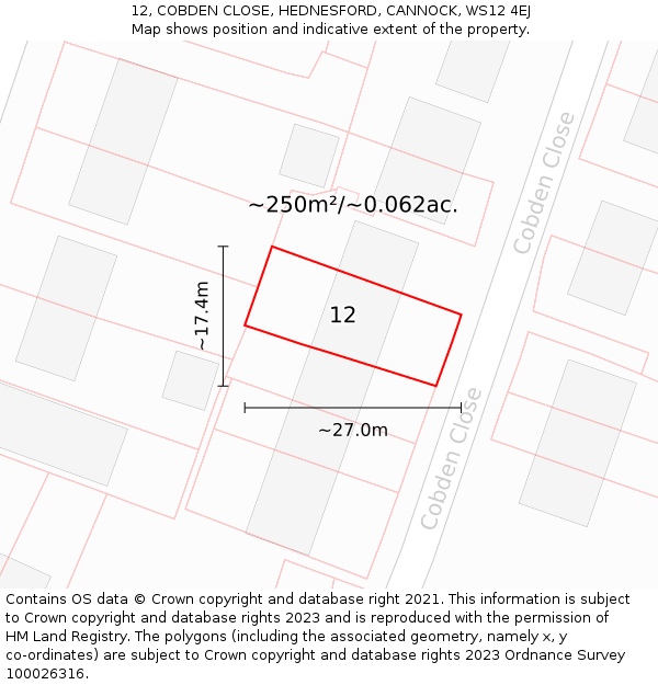 12, COBDEN CLOSE, HEDNESFORD, CANNOCK, WS12 4EJ: Plot and title map