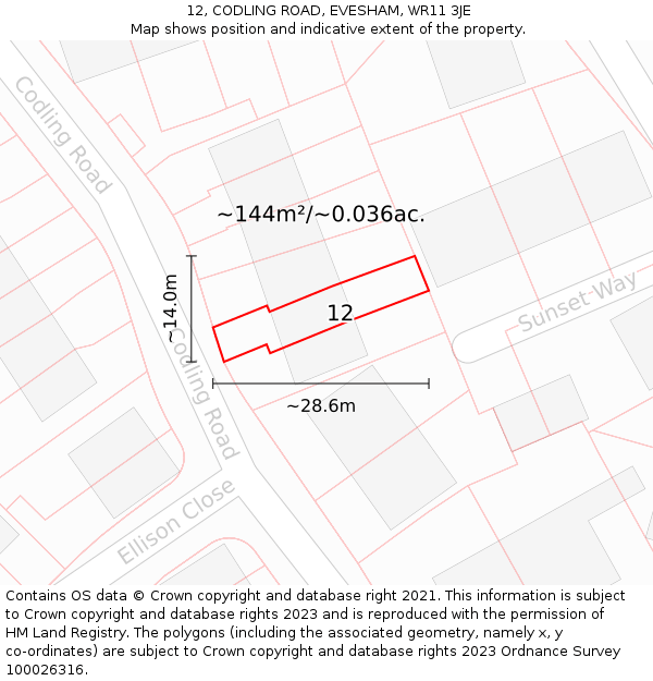12, CODLING ROAD, EVESHAM, WR11 3JE: Plot and title map