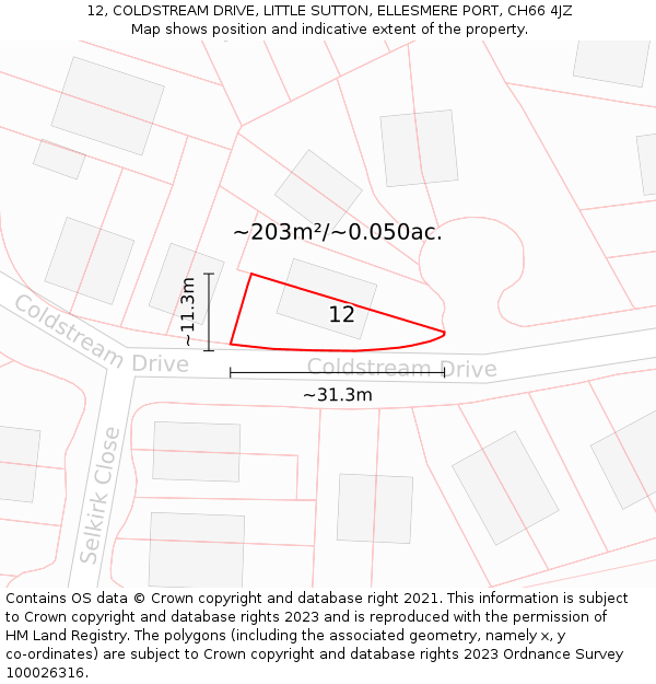 12, COLDSTREAM DRIVE, LITTLE SUTTON, ELLESMERE PORT, CH66 4JZ: Plot and title map