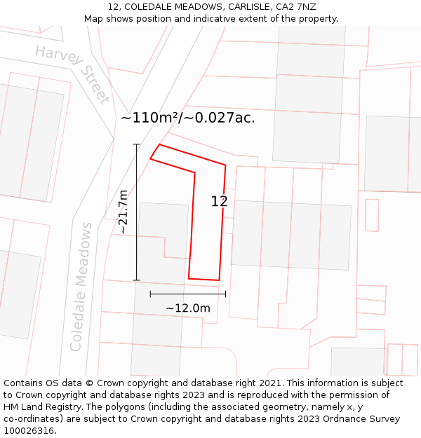 12, COLEDALE MEADOWS, CARLISLE, CA2 7NZ: Plot and title map