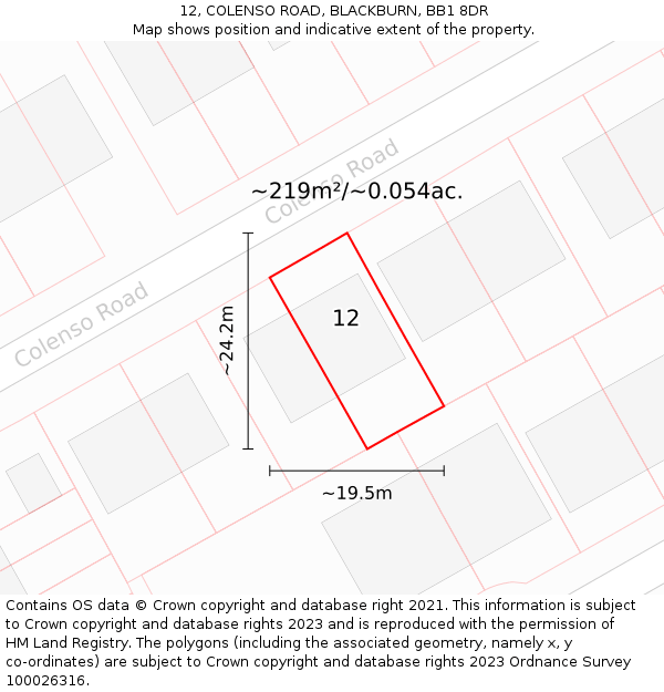 12, COLENSO ROAD, BLACKBURN, BB1 8DR: Plot and title map