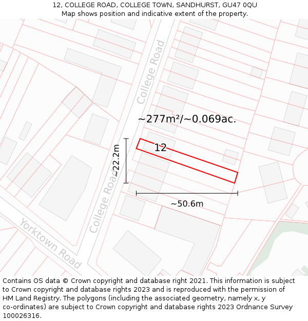 12, COLLEGE ROAD, COLLEGE TOWN, SANDHURST, GU47 0QU: Plot and title map